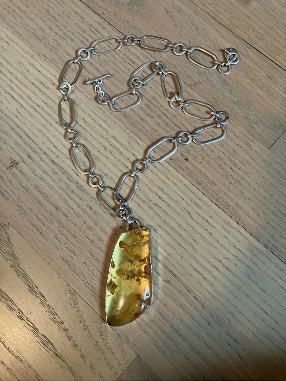 Silver Chain Necklace with Amber Pendant - Women Jewelry